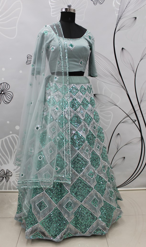 Net Lehenga Choli in greyish Blue with Embroidered